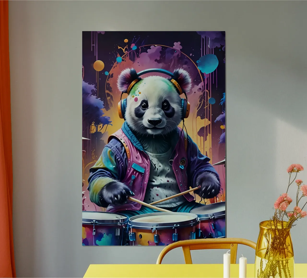Panda suona la batteria poster con telaio in alluminio da PosterOK