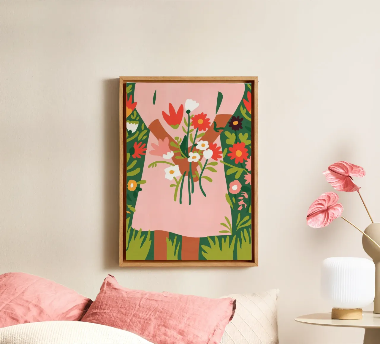 Blumige Umarmung Leinwand mit Schattenfugenrahmen von Emery Kate