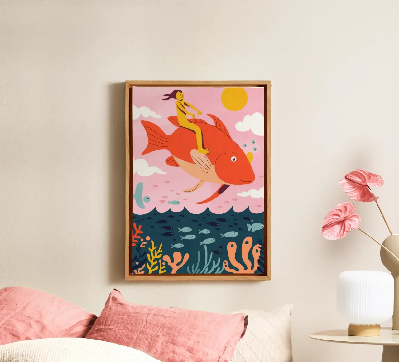 Riding the Fish canvas with Floater frame by Emery Kate