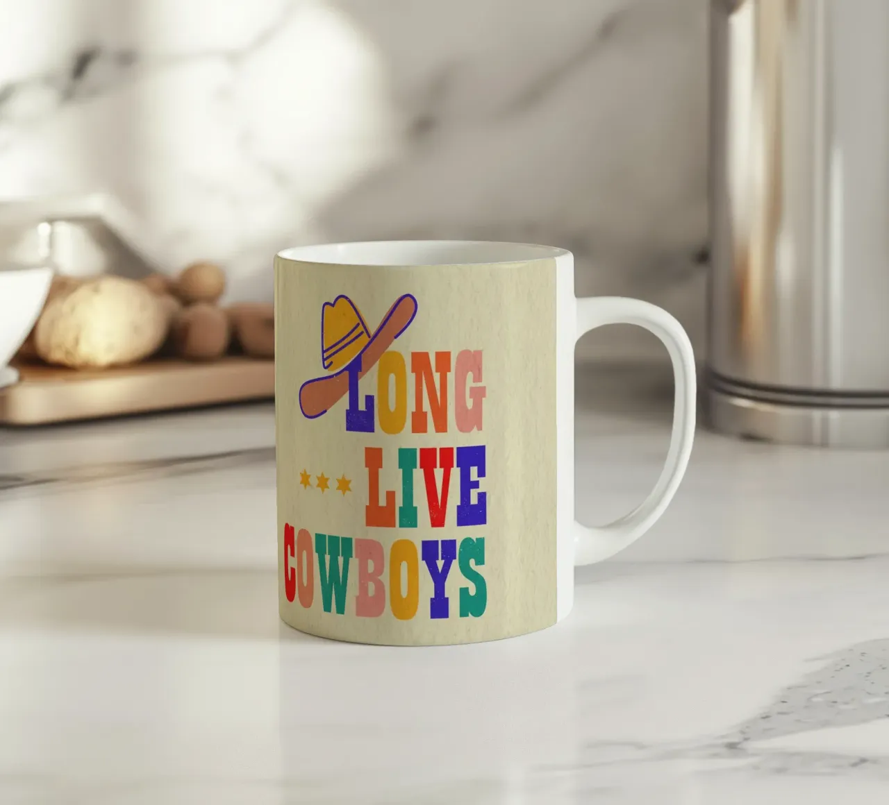 Retro "Long Live Cowboys" Typography Art Print tazza in ceramica da showmemars