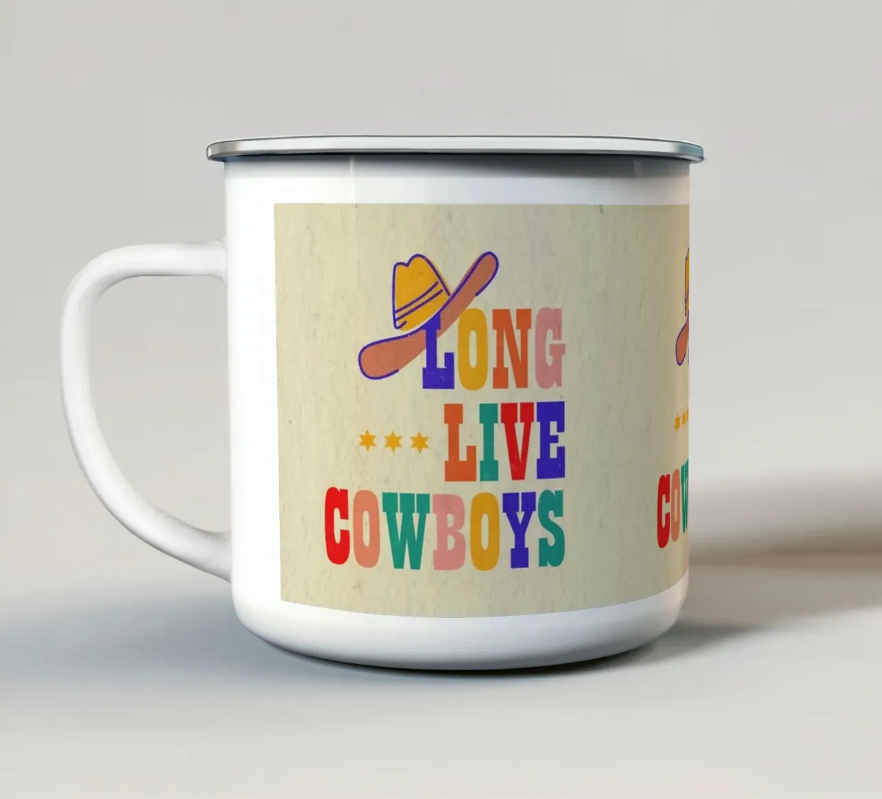 Retro "Long Live Cowboys" Typography Art Print tazza in smalto da showmemars