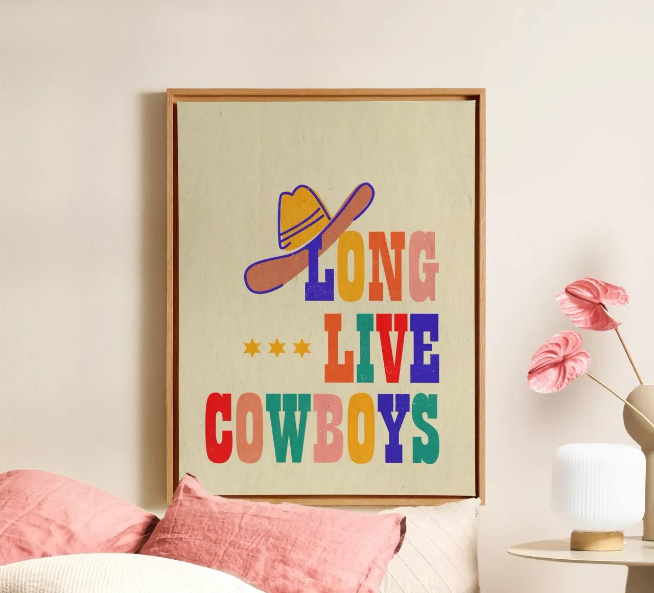 Retro "Long Live Cowboys" Typography Art Print canvas met Baklijst van showmemars
