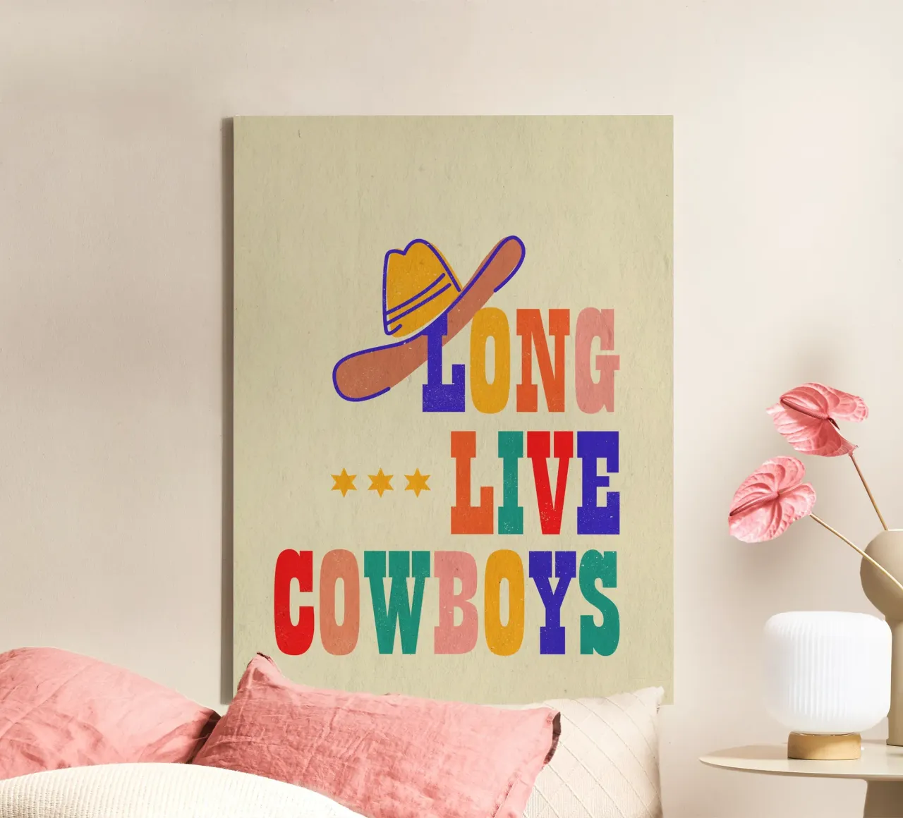 Retro "Long Live Cowboys" Typography Art Print canvas met Baklijst van showmemars