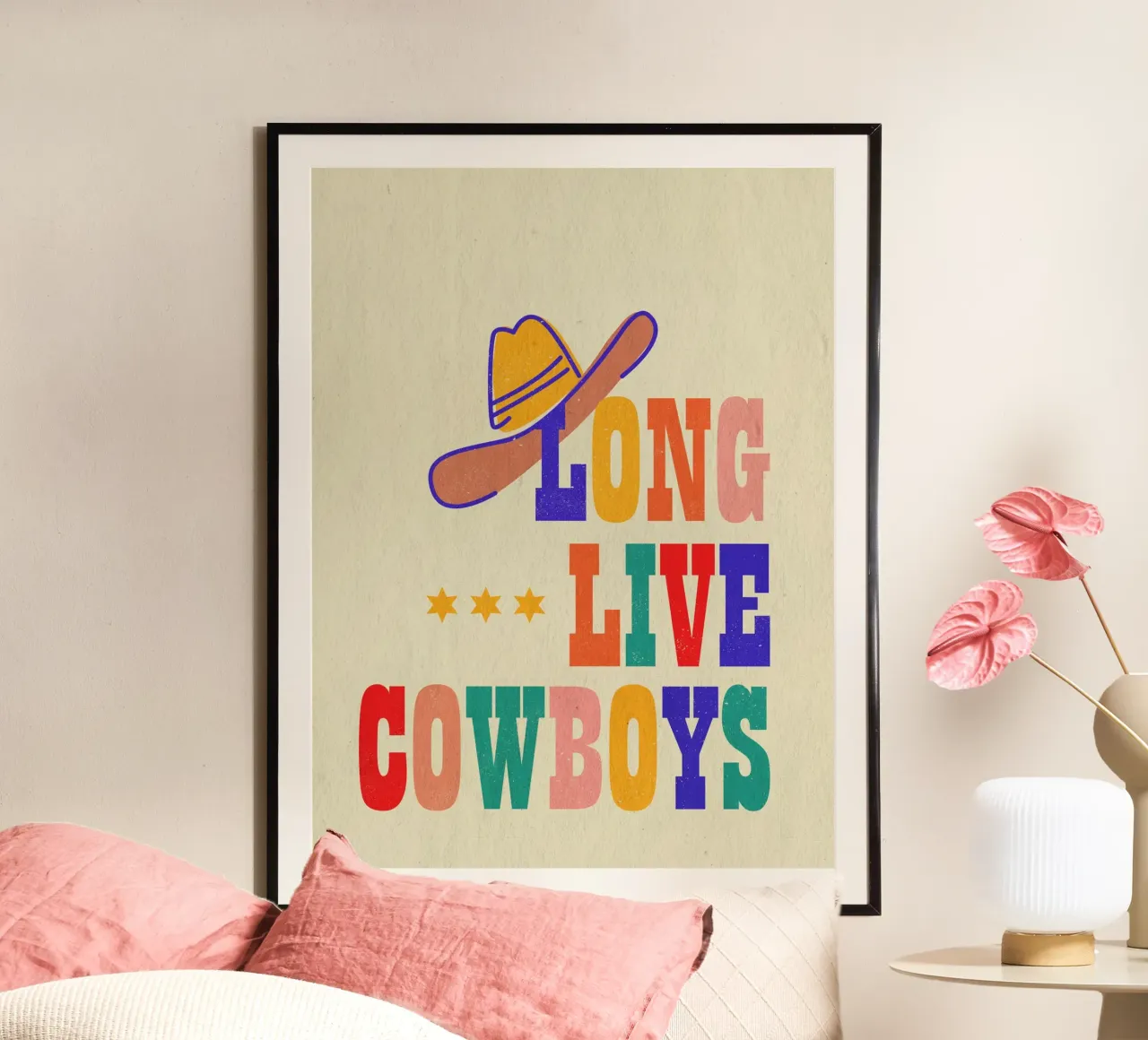 Retro "Long Live Cowboys" Typography Art Print poster con telaio in alluminio da showmemars