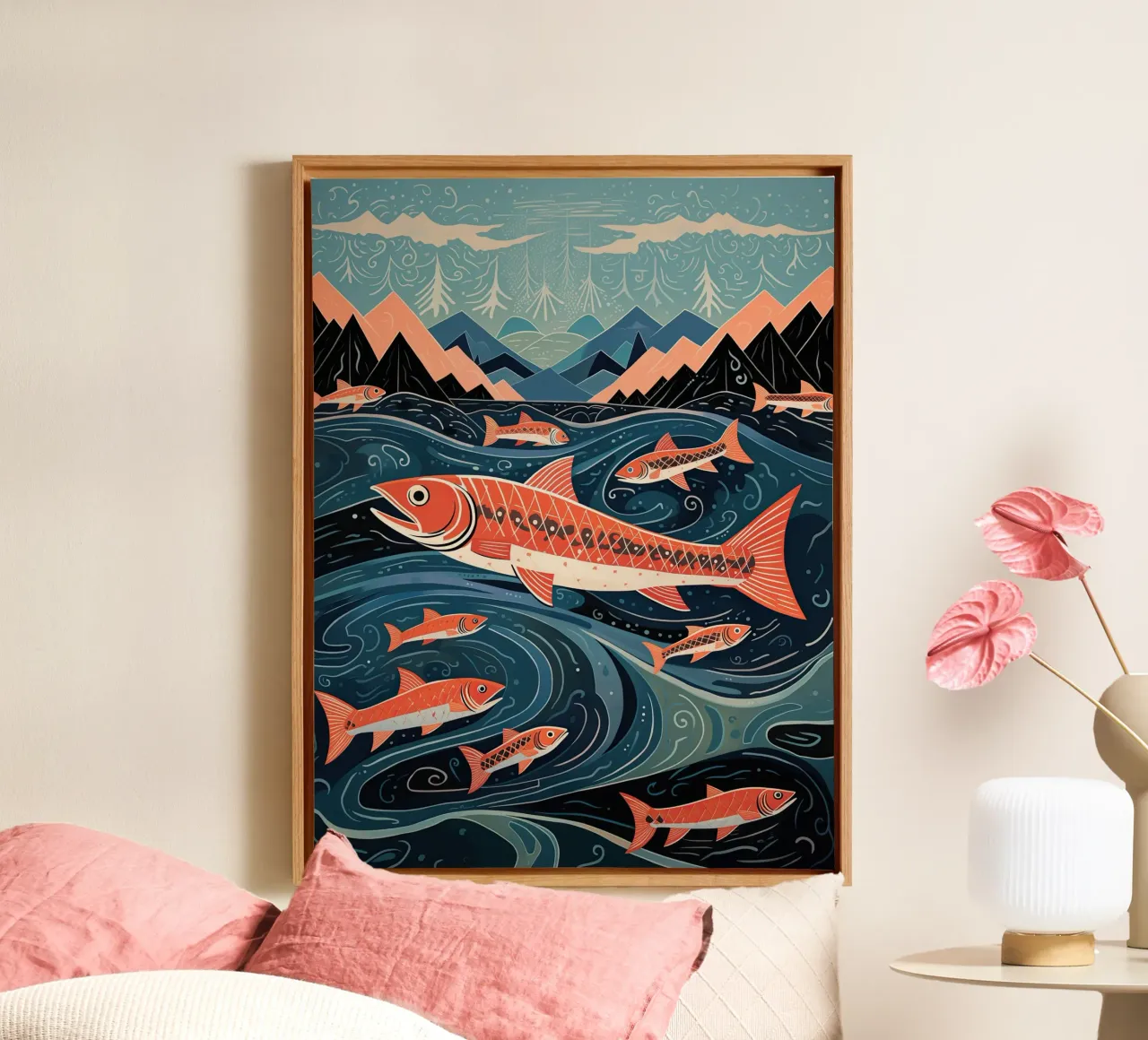 Maritime fantasy with lots of fish | Printmaking canvas with Floater frame by Autofocus