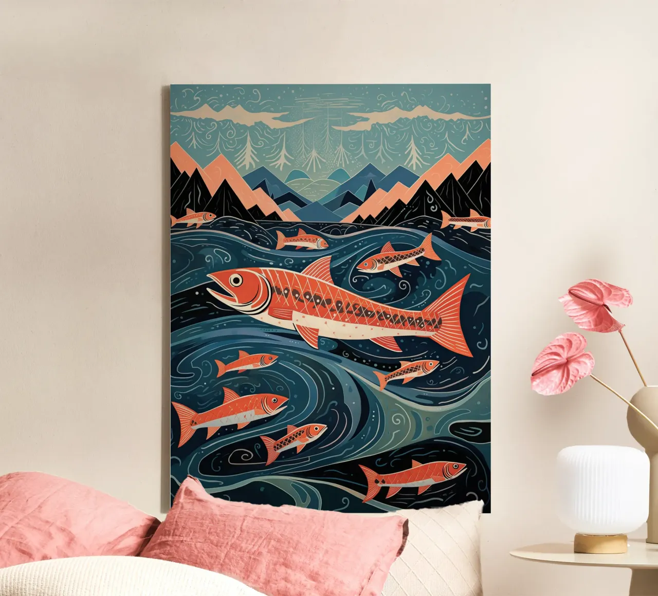 Maritime fantasy with lots of fish | Printmaking canvas with Floater frame by Autofocus