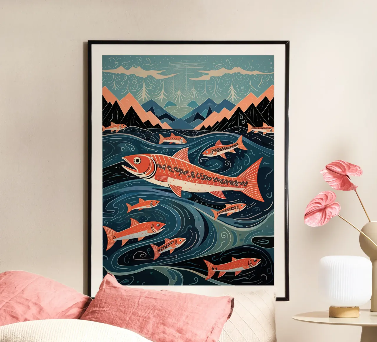 Maritime fantasy with lots of fish | Printmaking poster by Autofocus