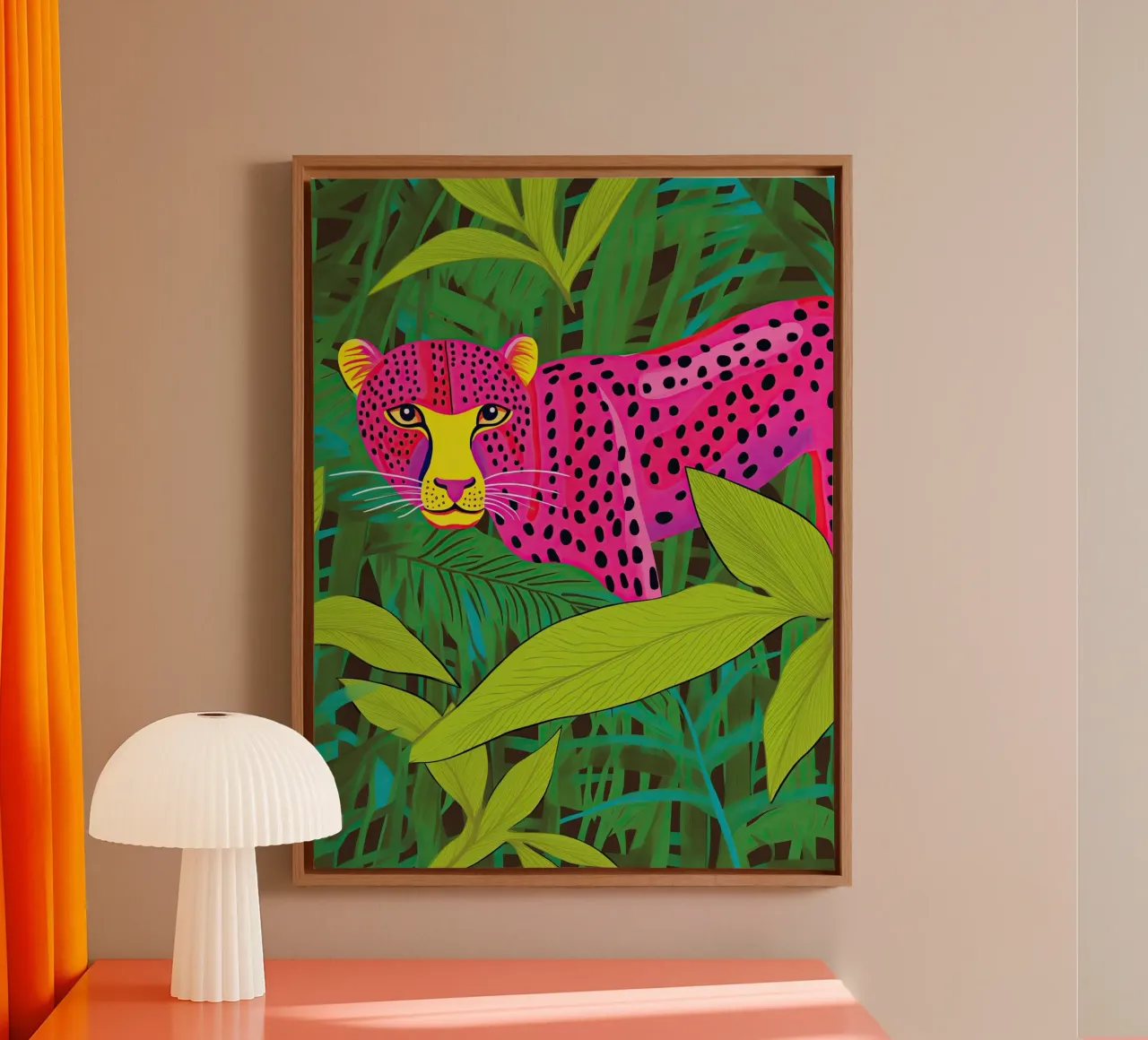 Dotted Pink Cheetah in the Jungle of Phantasy canvas with Floater frame by Autofocus