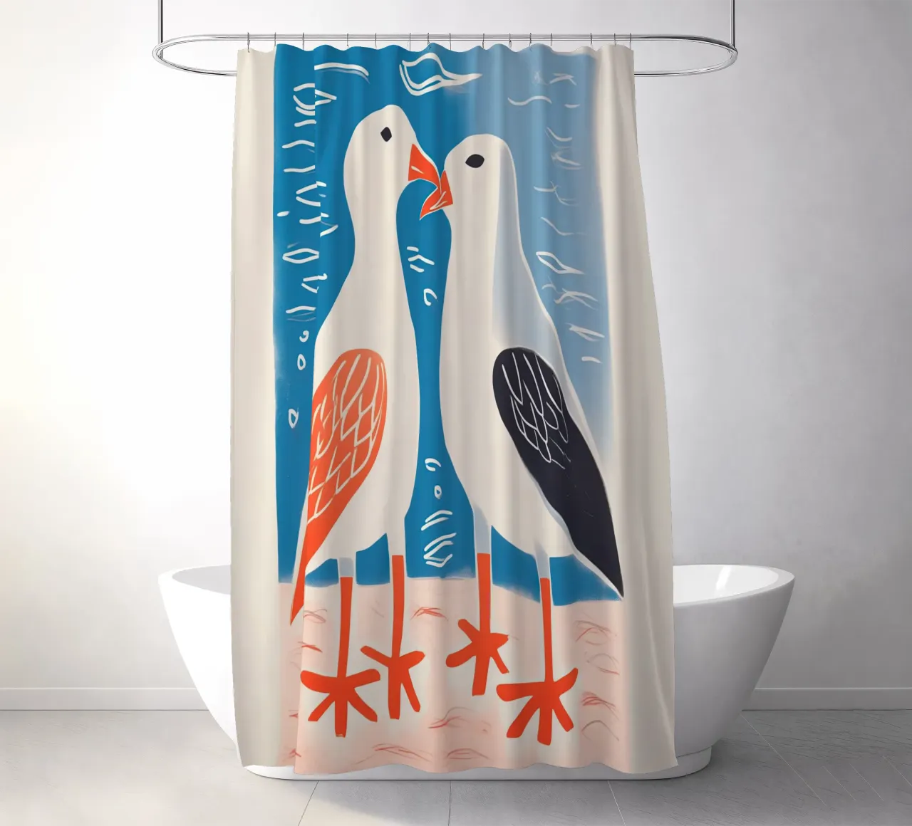 Twee zeemeeuwen in gesprek | Kleurrijke maritieme prints douchegordijn van Autofocus