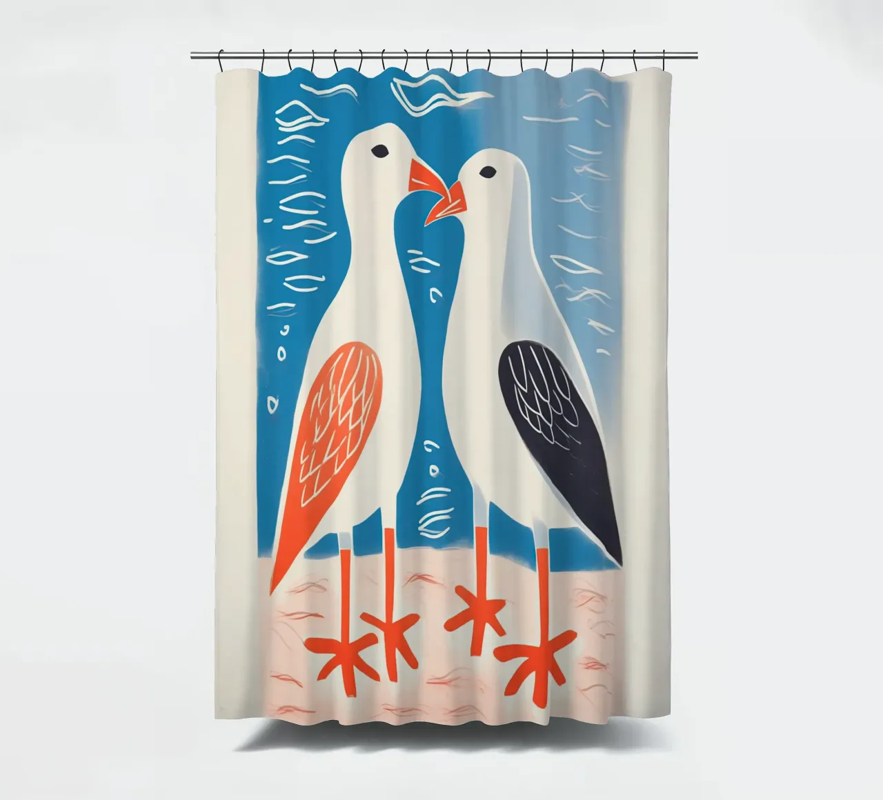 Twee zeemeeuwen in gesprek | Kleurrijke maritieme prints douchegordijn van Autofocus