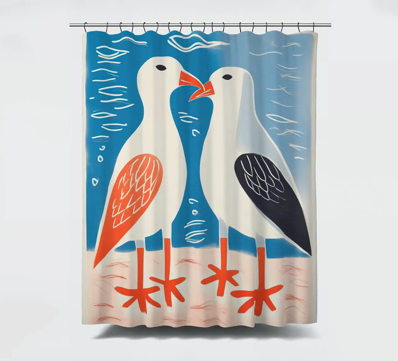 Twee zeemeeuwen in gesprek | Kleurrijke maritieme prints douchegordijn van Autofocus