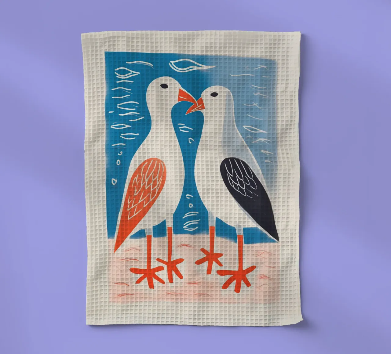 Twee zeemeeuwen in gesprek | Kleurrijke maritieme prints theedoek van Autofocus