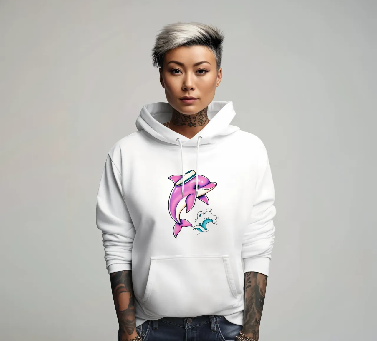 Un giocoso delfino rosa con un cappello salta tra le onde felpa con cappuccio da DesignDoodle