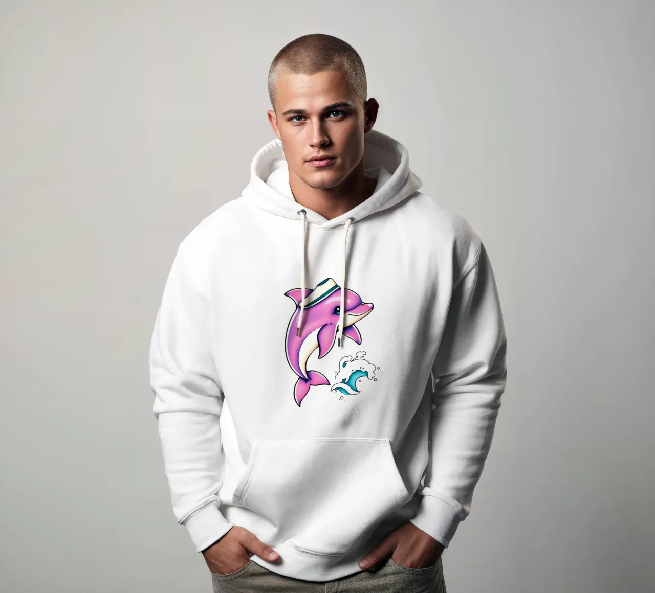 Un giocoso delfino rosa con un cappello salta tra le onde felpa con cappuccio da DesignDoodle