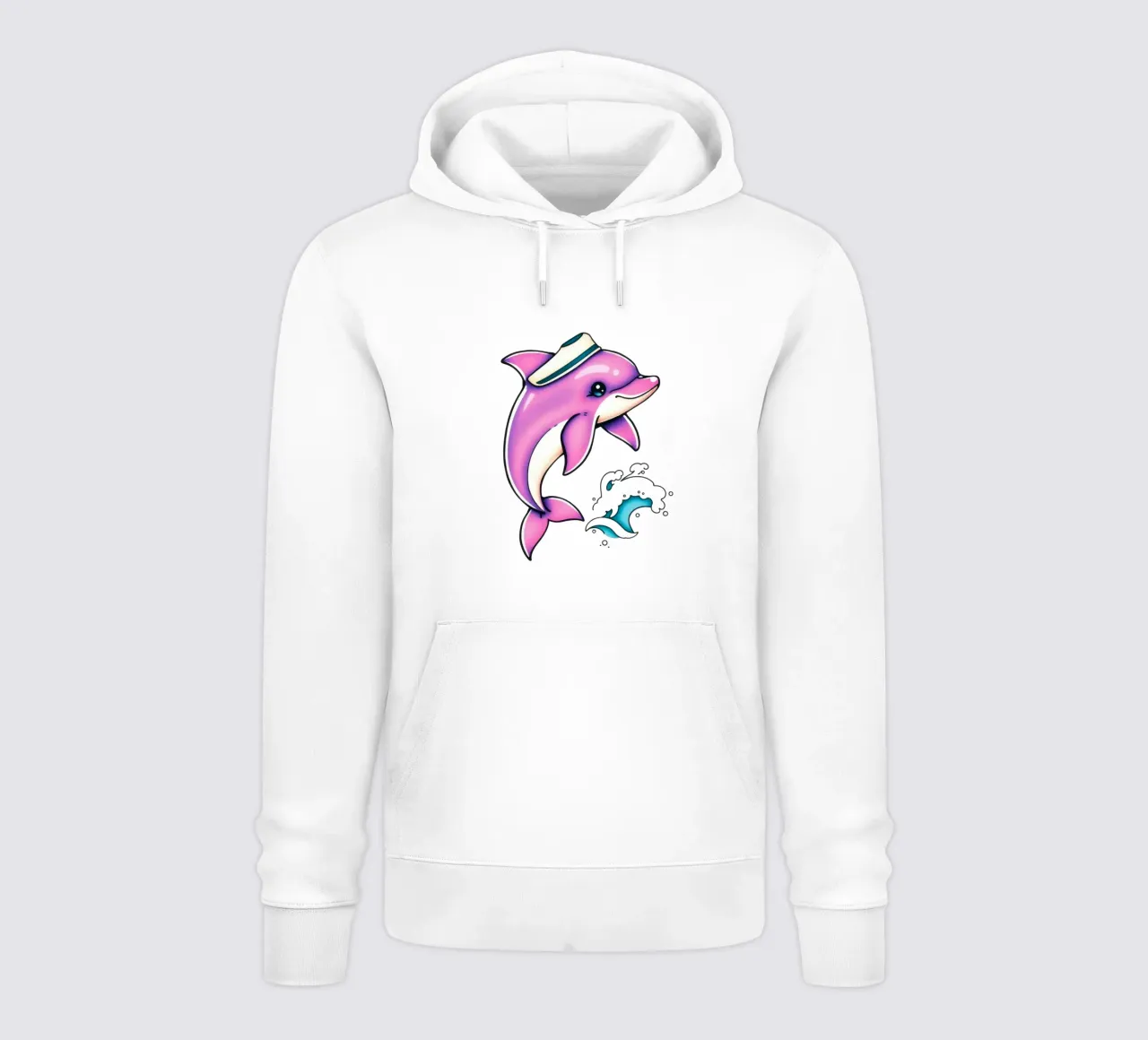 Un giocoso delfino rosa con un cappello salta tra le onde felpa con cappuccio da DesignDoodle