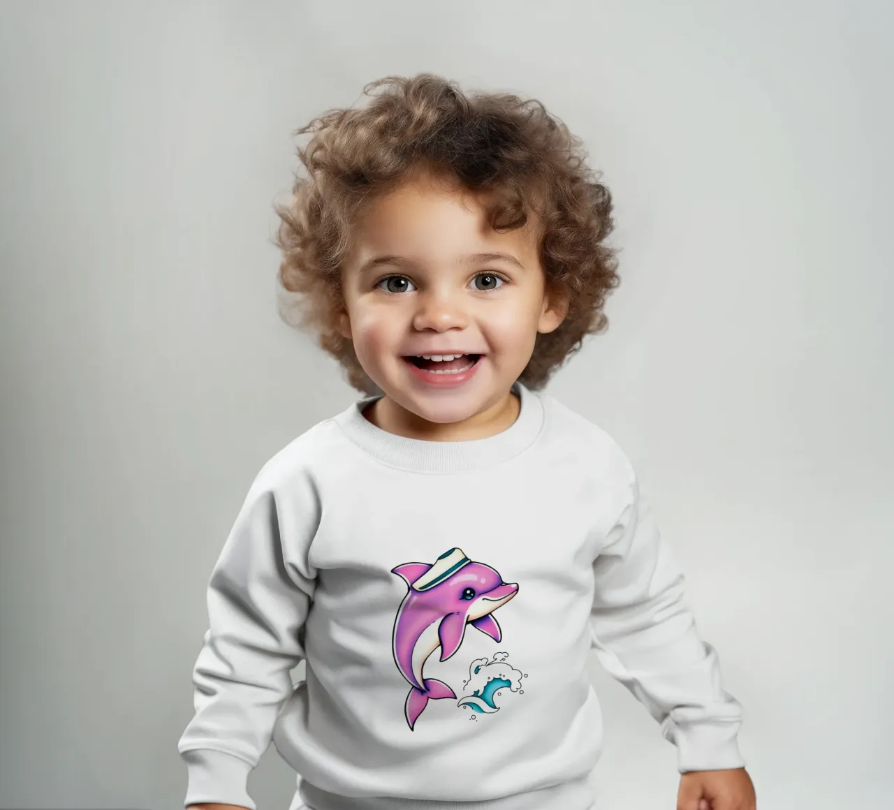 Un giocoso delfino rosa con un cappello salta tra le onde felpa neonato da DesignDoodle