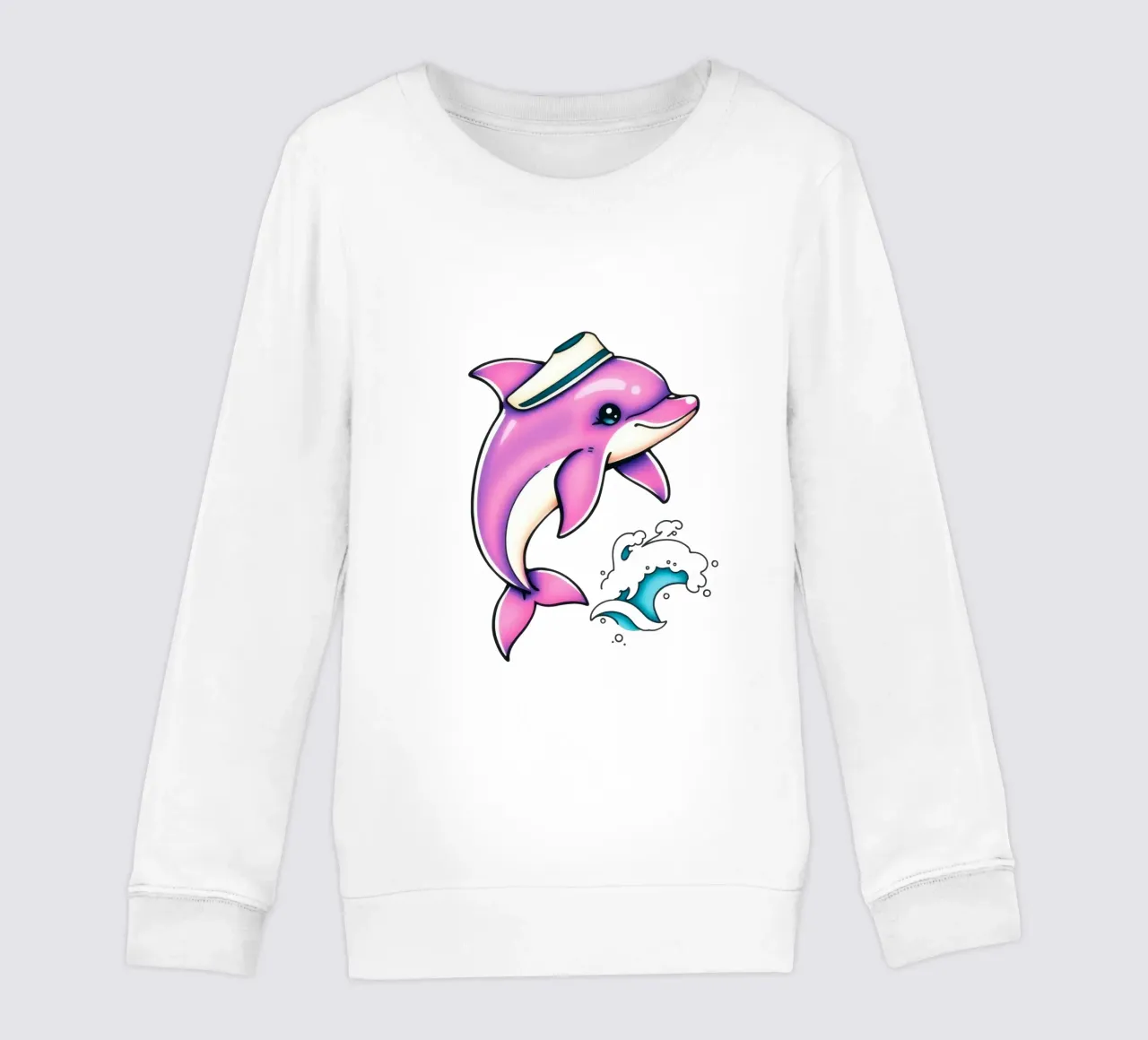 Un giocoso delfino rosa con un cappello salta tra le onde felpa bambino da DesignDoodle