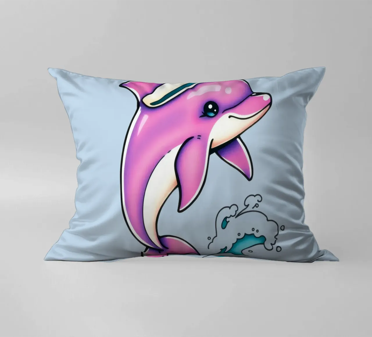 Playful pink dolphin wearing a hat jumps through waves decorative cushion by DesignDoodle