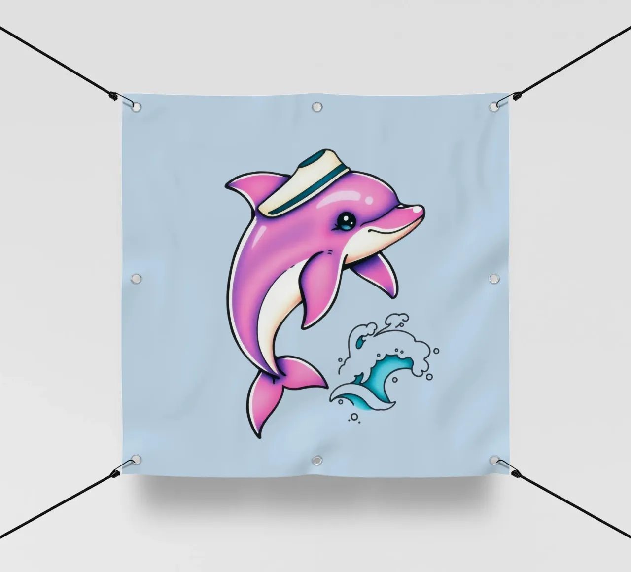 Un giocoso delfino rosa con un cappello salta tra le onde telo in pvc da DesignDoodle