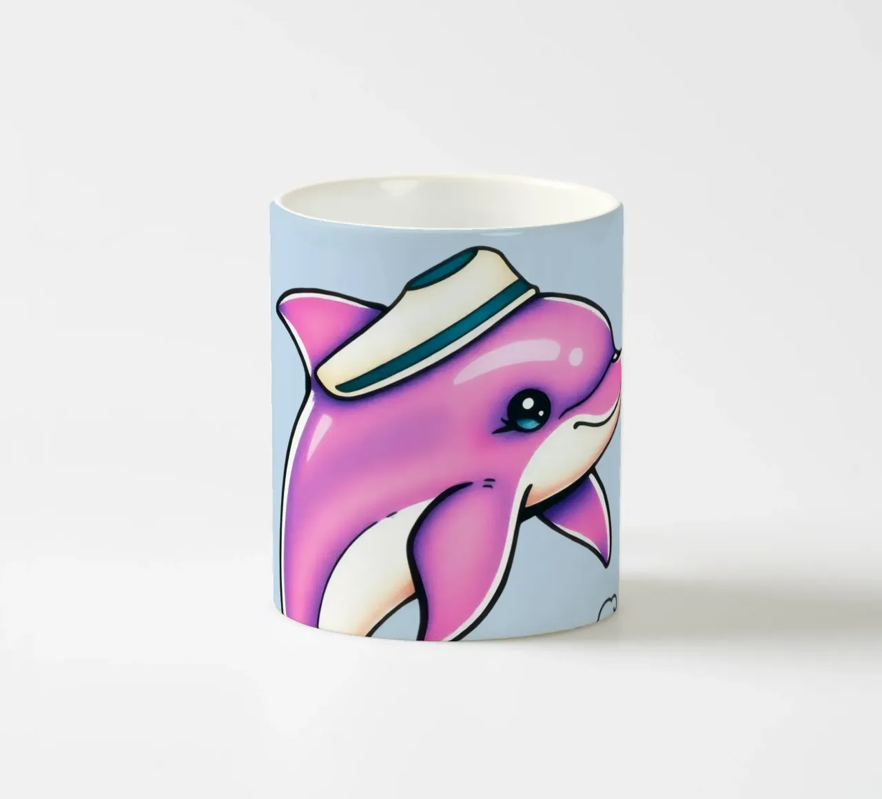 Un giocoso delfino rosa con un cappello salta tra le onde tazza in ceramica da DesignDoodle