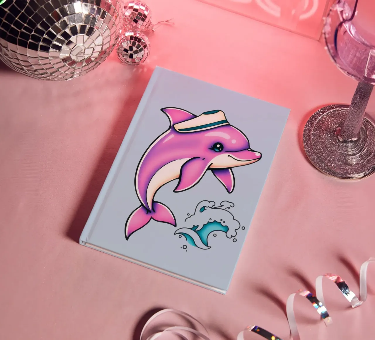Playful pink dolphin wearing a hat jumps through waves notebook by DesignDoodle