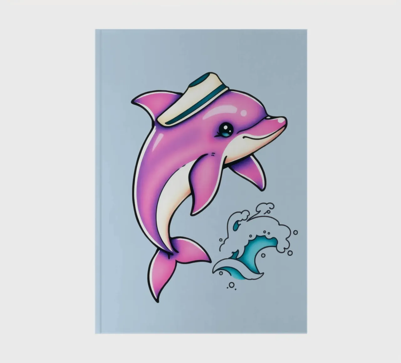 Playful pink dolphin wearing a hat jumps through waves notebook by DesignDoodle