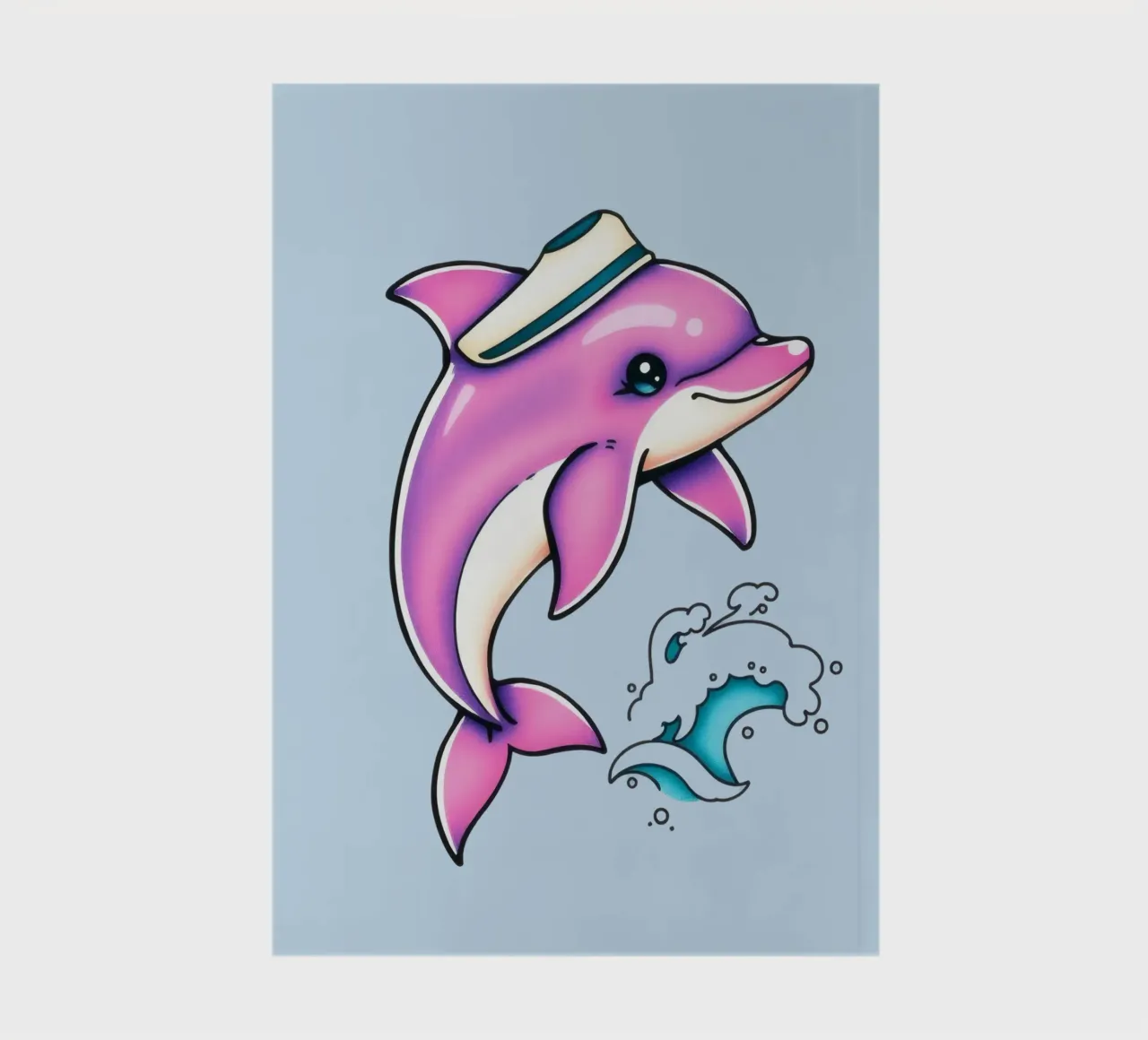 Playful pink dolphin wearing a hat jumps through waves notebook by DesignDoodle