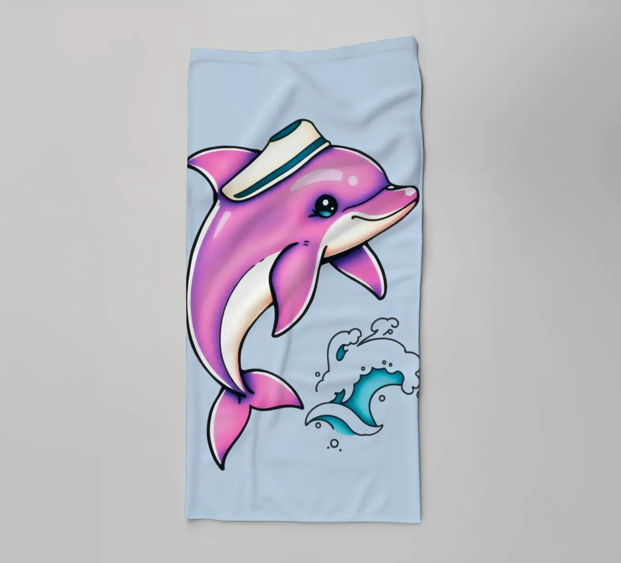 Speelse roze dolfijn met hoed springt door de golven badhanddoek van DesignDoodle