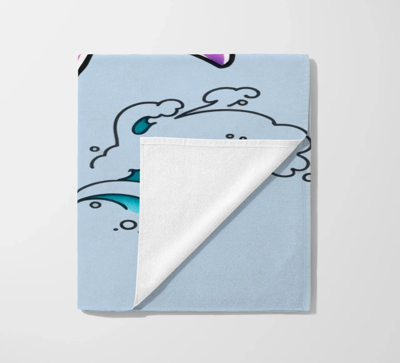 Playful pink dolphin wearing a hat jumps through waves beach towel by DesignDoodle