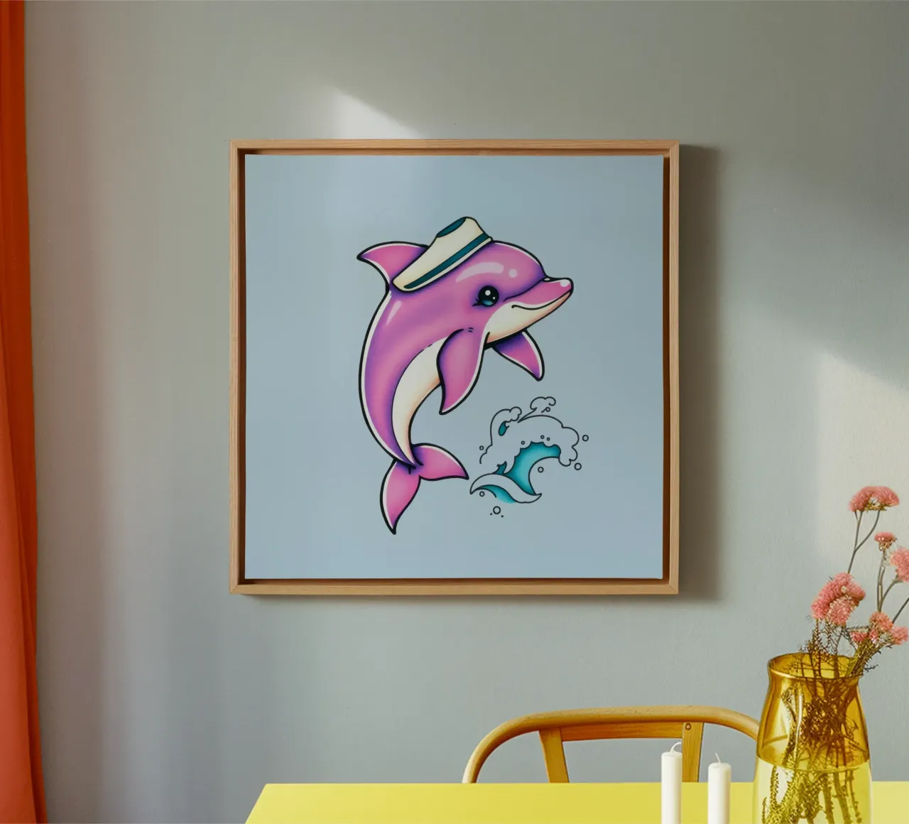 Speelse roze dolfijn met hoed springt door de golven canvas van DesignDoodle