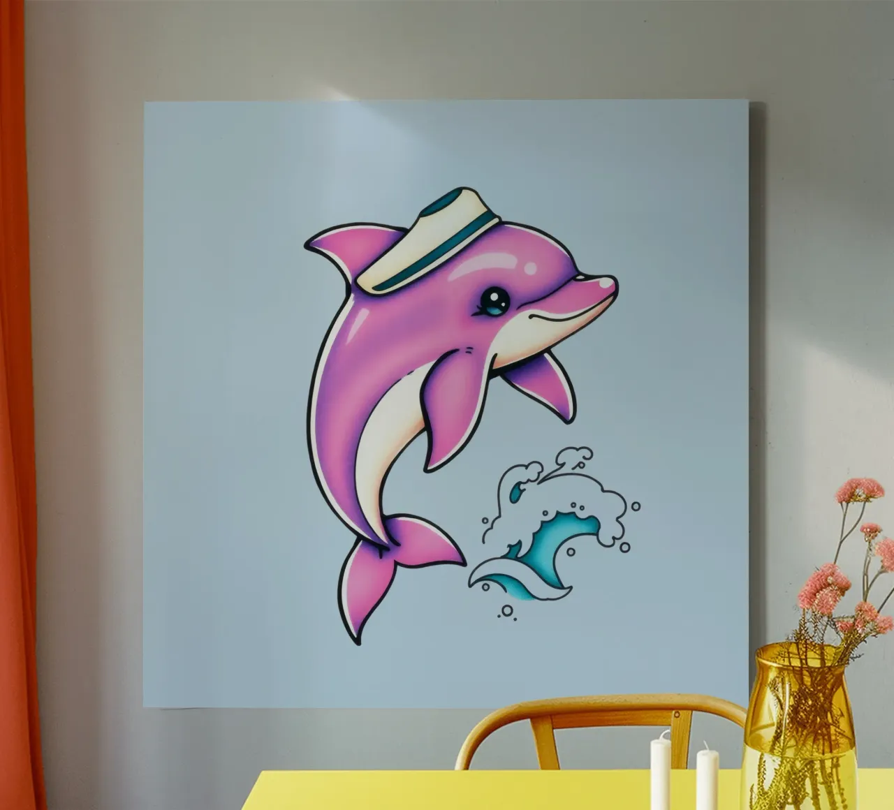 Speelse roze dolfijn met hoed springt door de golven canvas van DesignDoodle