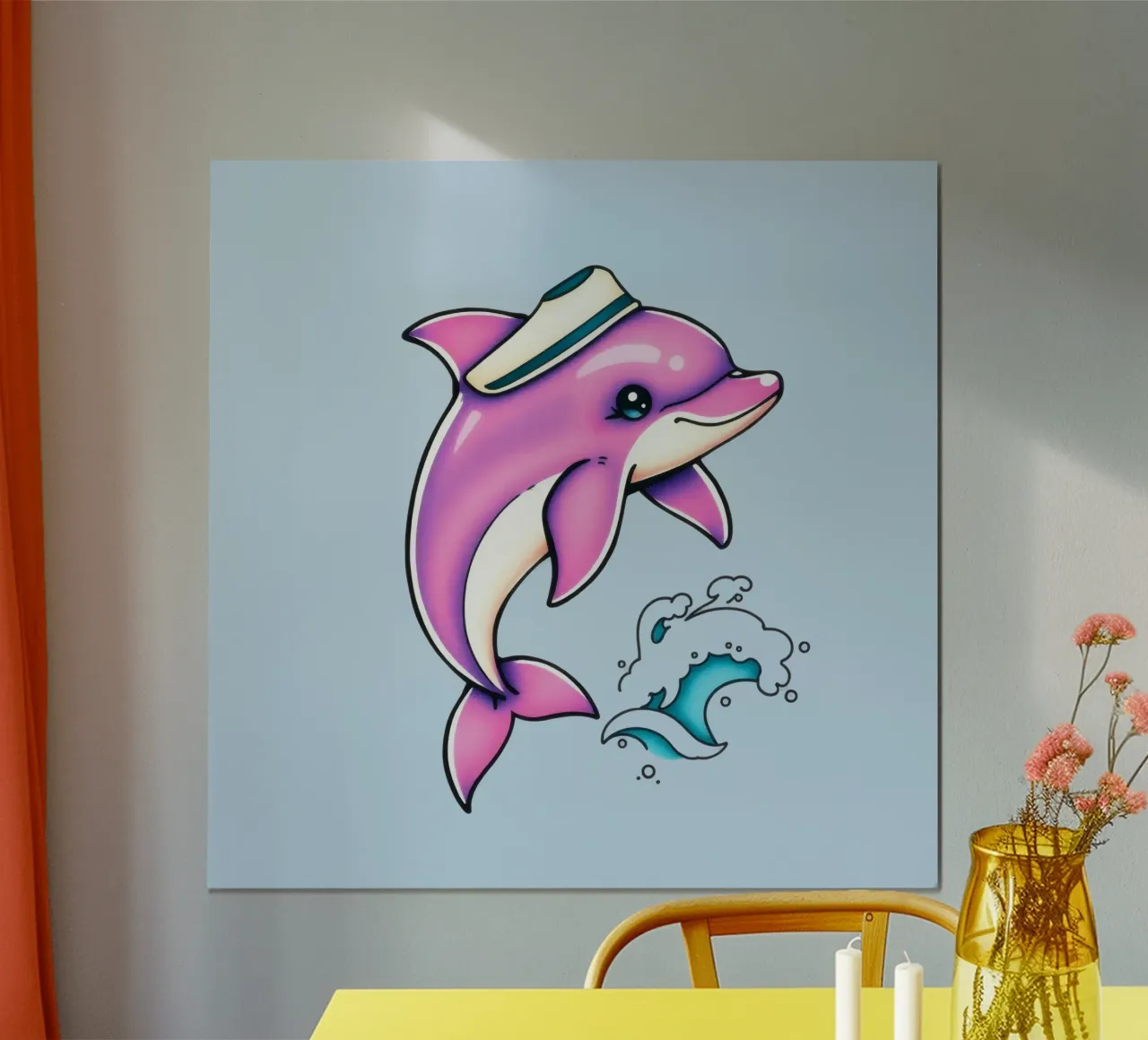 Speelse roze dolfijn met hoed springt door de golven poster met houten frame van DesignDoodle