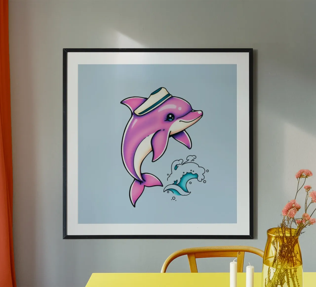 Speelse roze dolfijn met hoed springt door de golven poster met houten frame van DesignDoodle