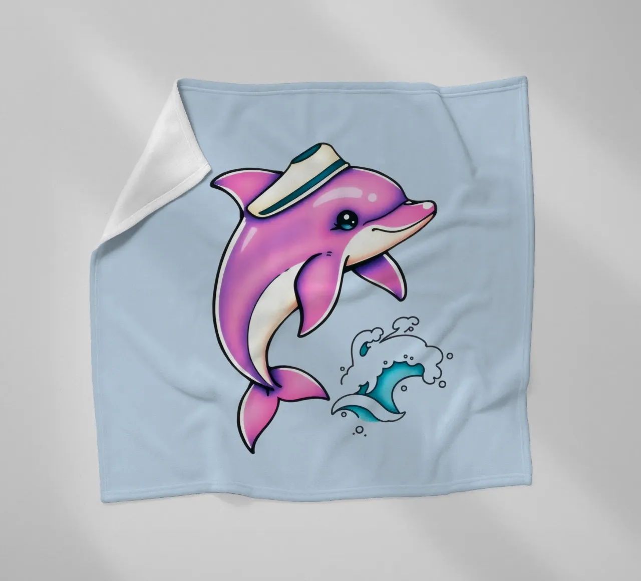 Playful pink dolphin wearing a hat jumps through waves fleece blanket by DesignDoodle