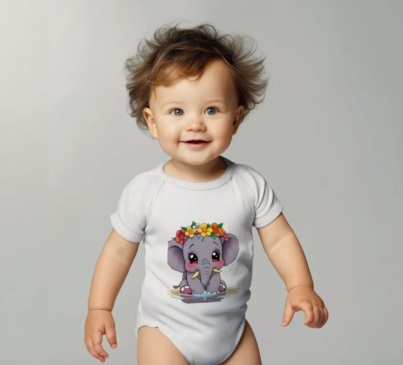 Mignon bébé éléphant avec des fleurs assis dans l'eau en train de profiter body bébé de DesignDoodle