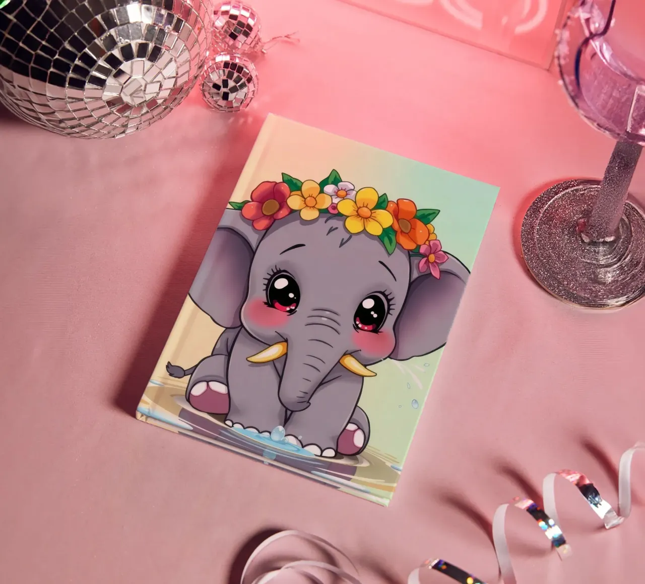 Cute baby elephant with flowers sitting in water enjoying notebook by DesignDoodle