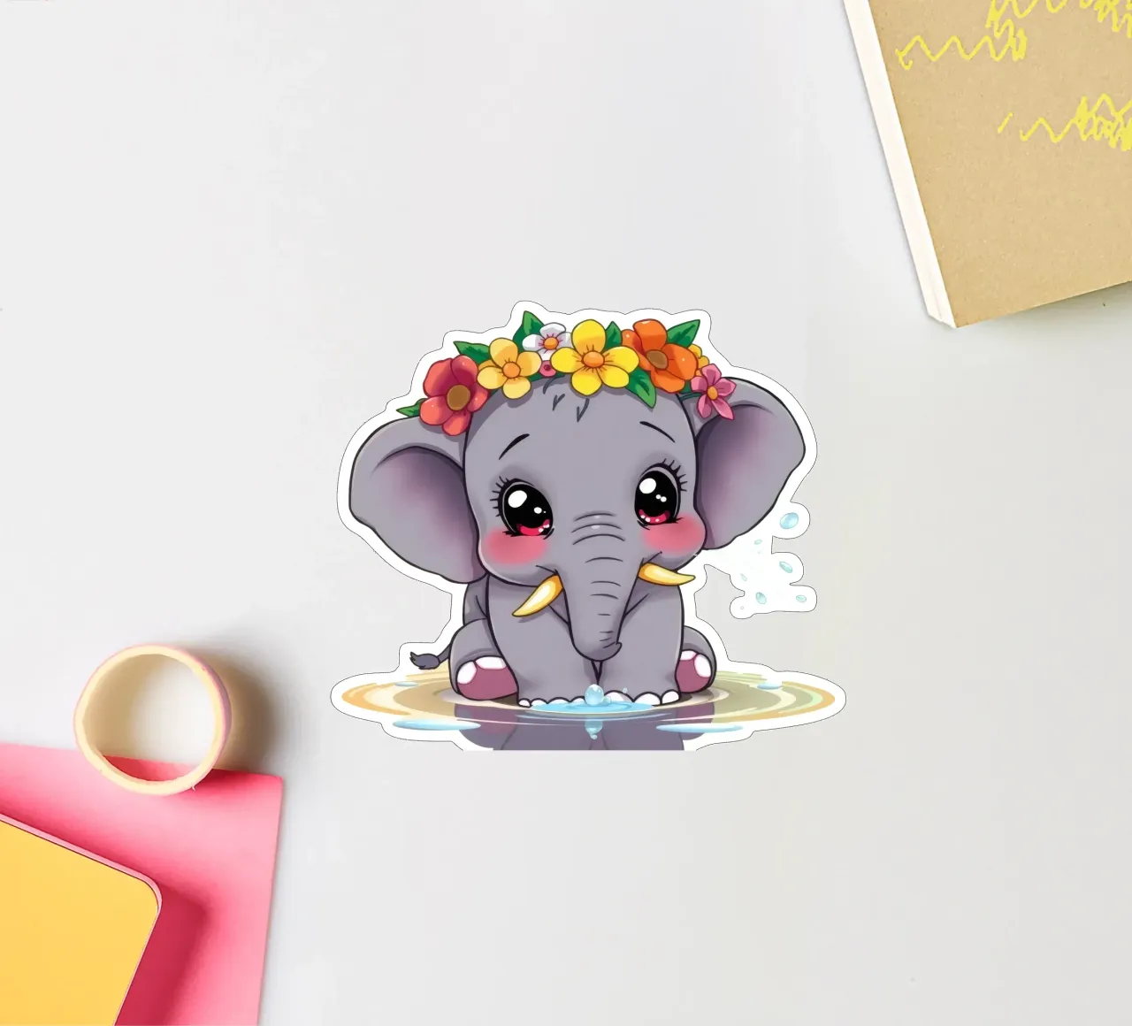 Mignon bébé éléphant avec des fleurs assis dans l'eau en train de profiter autocollant de DesignDoodle