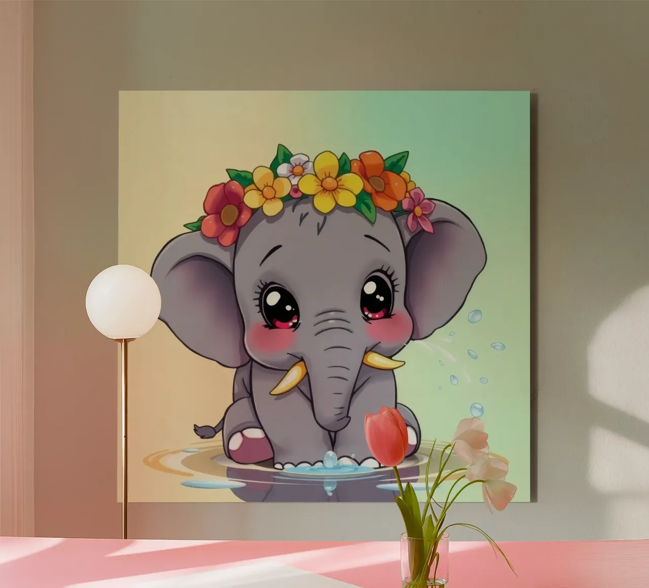 Mignon bébé éléphant avec des fleurs assis dans l'eau en train de profiter alu dibond de DesignDoodle