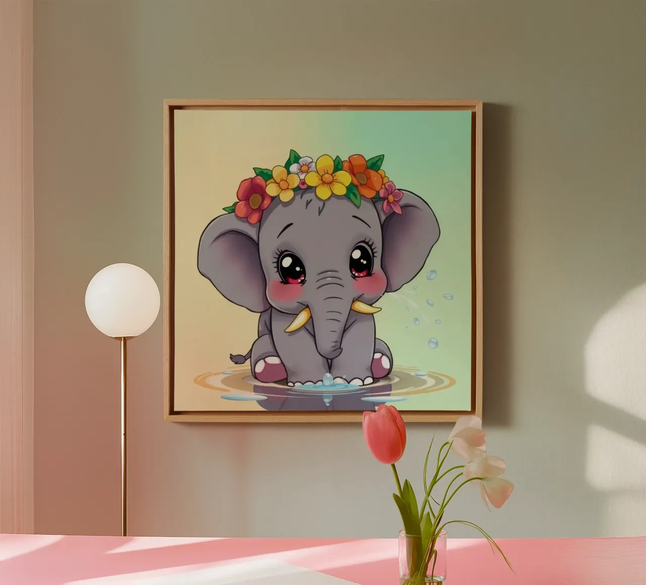 Mignon bébé éléphant avec des fleurs assis dans l'eau en train de profiter toile avec Caisse américaine de DesignDoodle