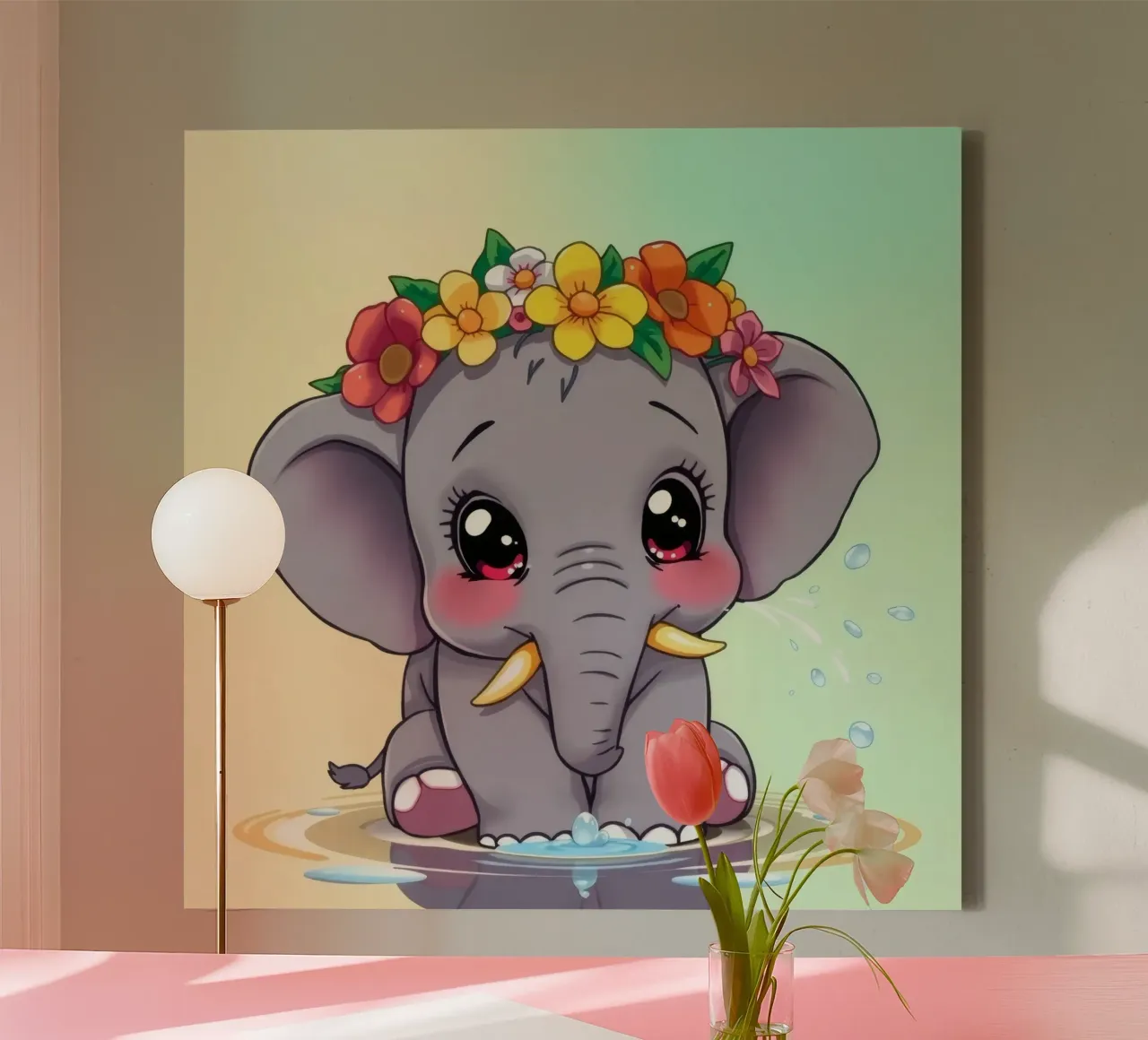 Mignon bébé éléphant avec des fleurs assis dans l'eau en train de profiter toile avec Caisse américaine de DesignDoodle