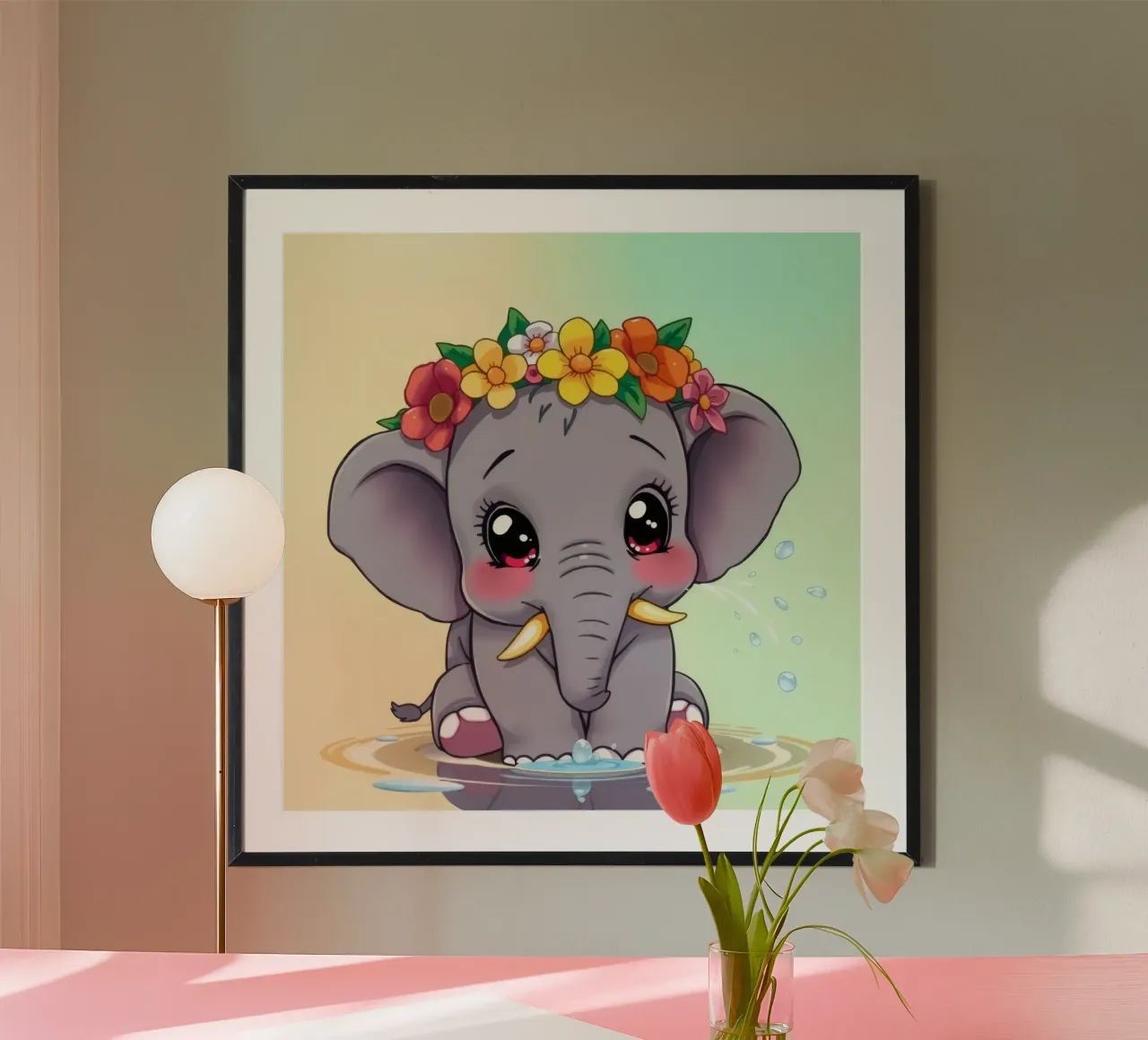 Mignon bébé éléphant avec des fleurs assis dans l'eau en train de profiter hahnemühle de DesignDoodle