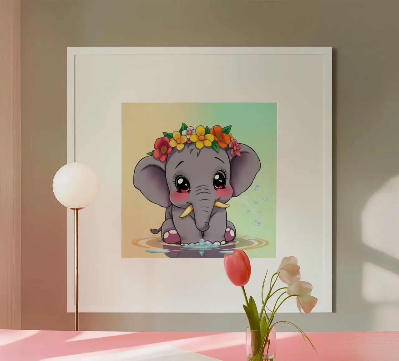 Mignon bébé éléphant avec des fleurs assis dans l'eau en train de profiter hahnemühle de DesignDoodle