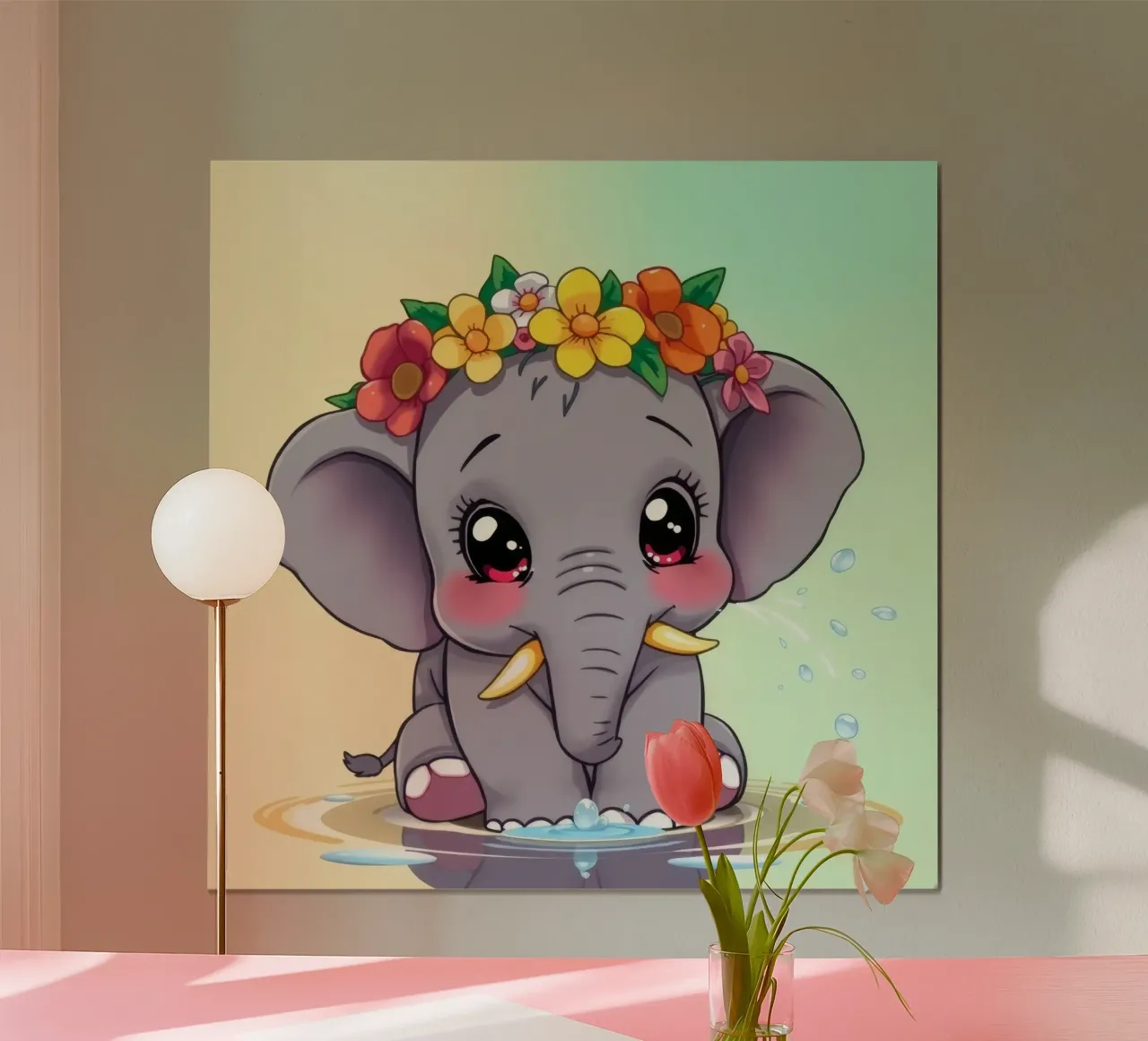 Mignon bébé éléphant avec des fleurs assis dans l'eau en train de profiter hahnemühle de DesignDoodle