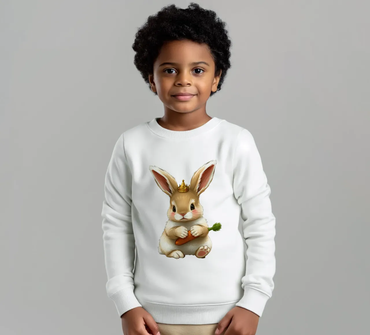 Un mignon lapin de dessin animé portant une couronne tient une carotte sweat enfant de DesignDoodle