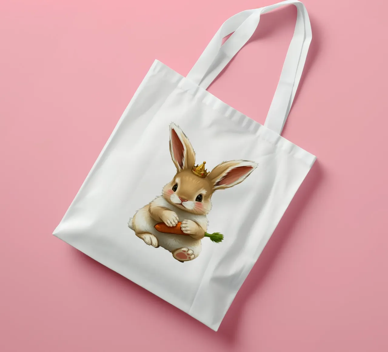 Cute cartoon rabbit wearing a crown holds a carrot tote bag by DesignDoodle