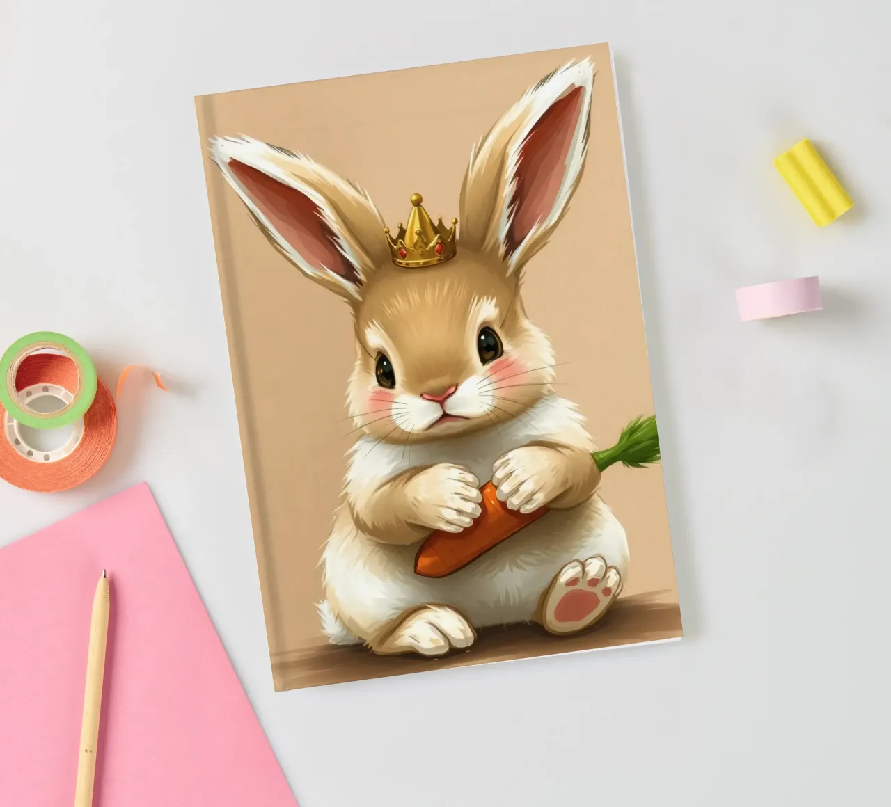 Un mignon lapin de dessin animé portant une couronne tient une carotte carnet de notes de DesignDoodle