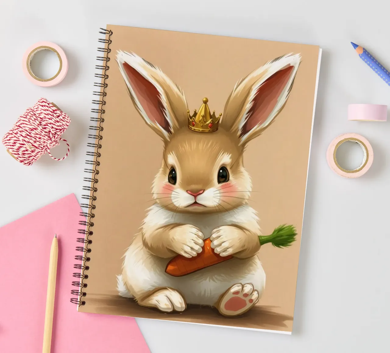 Un mignon lapin de dessin animé portant une couronne tient une carotte carnet à spirale de DesignDoodle