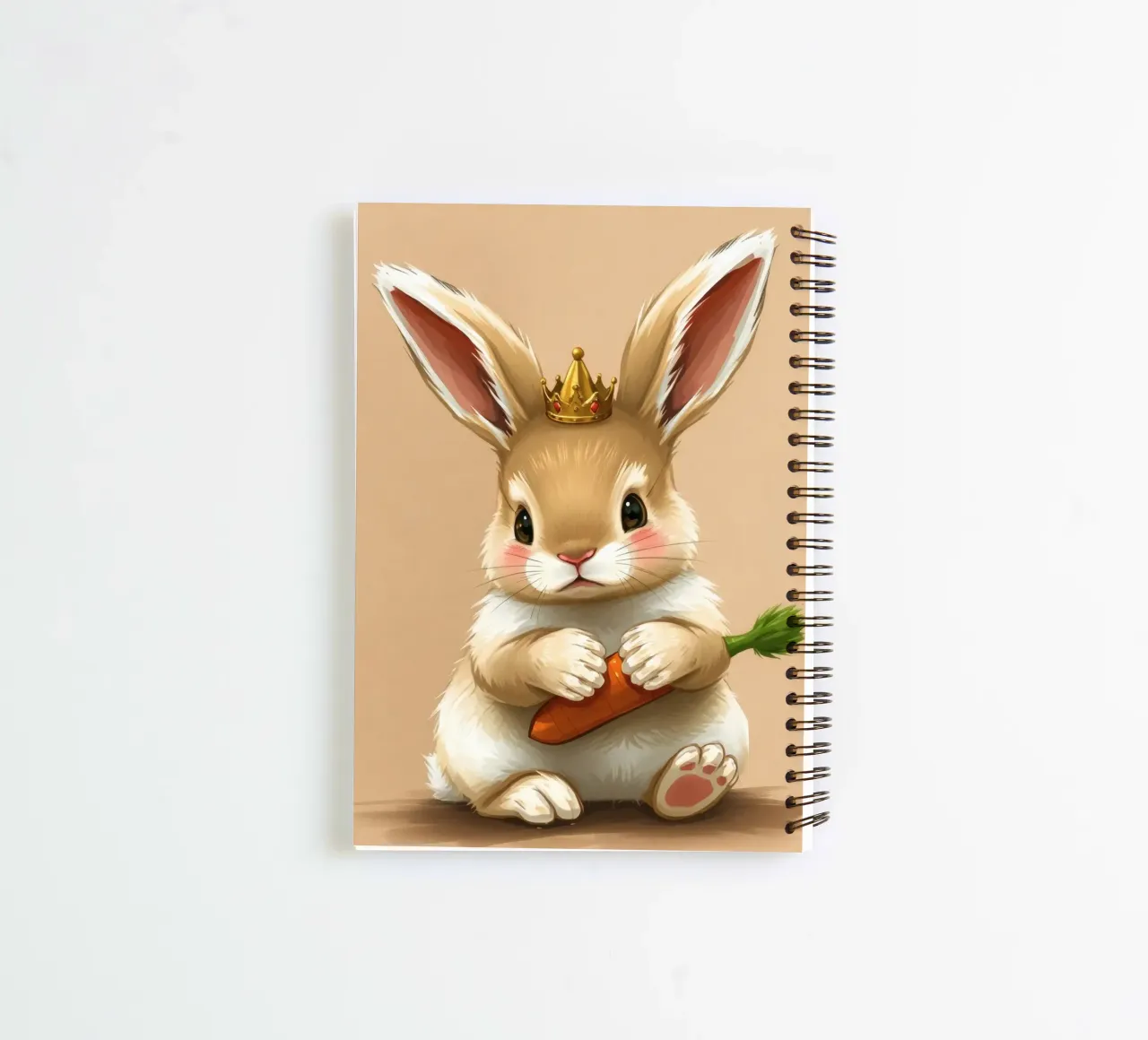 Un mignon lapin de dessin animé portant une couronne tient une carotte carnet à spirale de DesignDoodle