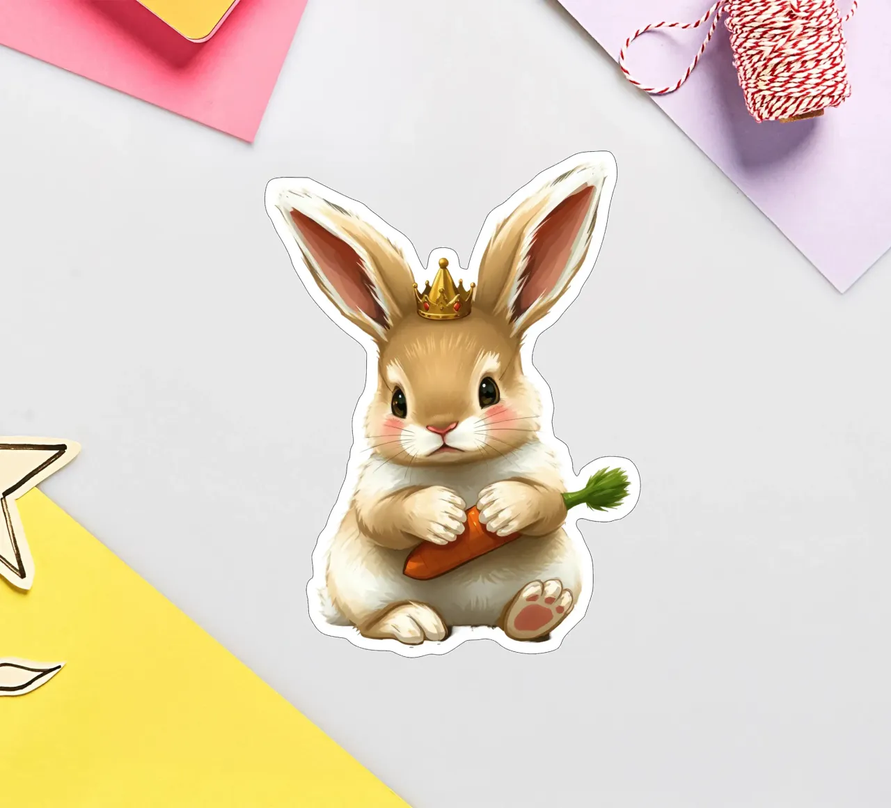 Un mignon lapin de dessin animé portant une couronne tient une carotte autocollant de DesignDoodle