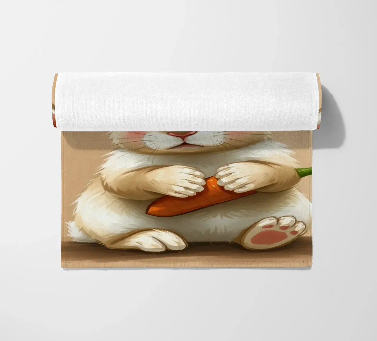 Cute cartoon rabbit wearing a crown holds a carrot beach towel by DesignDoodle